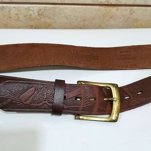 Wrangler brown leather tooled belt Sz 36